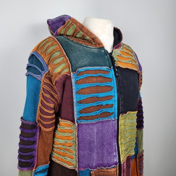 Ark Import Artsy Boho Faded Patchwork Hooded Fleece Lined Jacket Size M Hippi - Picture 4 of 16